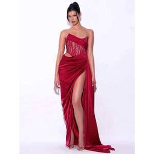 Women's Miss Circle Red Lace Satin Corset High Slit Gown M